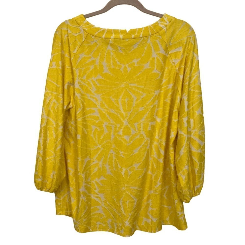 Susan Graver Sunny Yellow White Mixed Media Blouse V-Neck Elastic Cuff Sz L - Picture 5 of 9